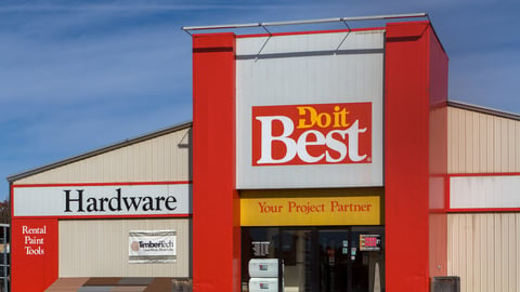 ST. CROIX FALLS, WI/USA - OCTOBER 16, 2016: Do it Best hardware store exterior and logo. Do it Best Corp., Inc. is a member-owned hardware, lumber, and building materials cooperative.; Shutterstock ID 505308718