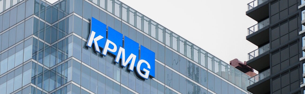 Toronto, ON, Canada -June 5, 2024: View at KPMG sign. KPMG is a multinational professional services network; Shutterstock ID 2497129275