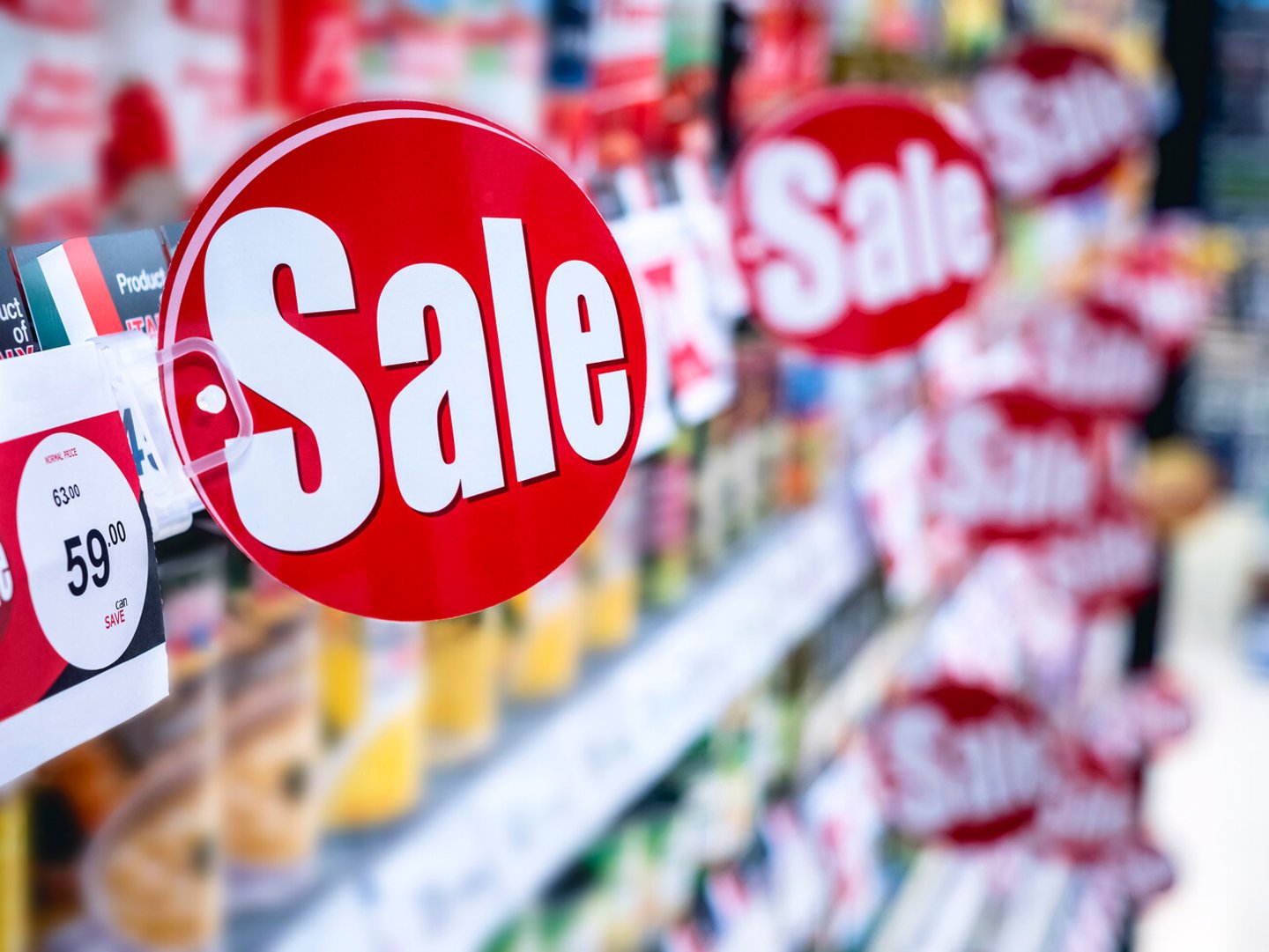 Sale Promotion Discount sign on Supermarket shelf Marketing Retail Business ; Shutterstock ID 1466129693