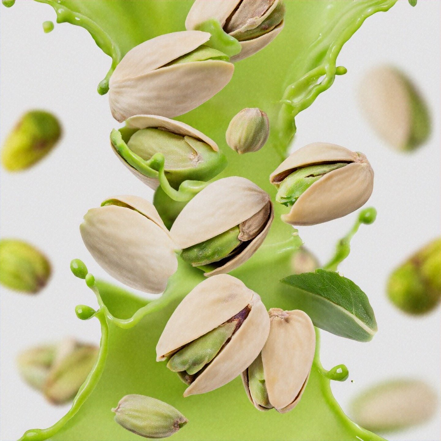 green pistachio splash with pistachio inside isolated, make more background; Shutterstock ID 2499331665