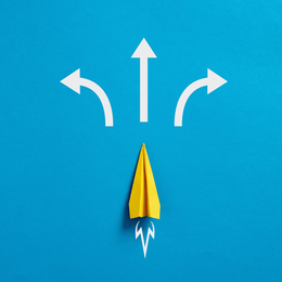 Business decision making and the way to success. Choosing a strategic path to move forward. Alternative options and business solutions. Paper plane with arrows pointing different directions.; Shutterstock ID 2255670075